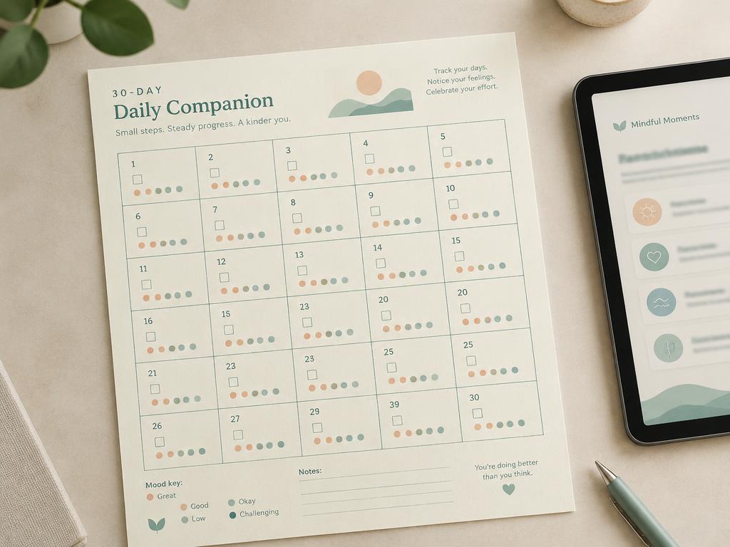 Calendario de acompañamiento diario con casillas y registro de ánimo